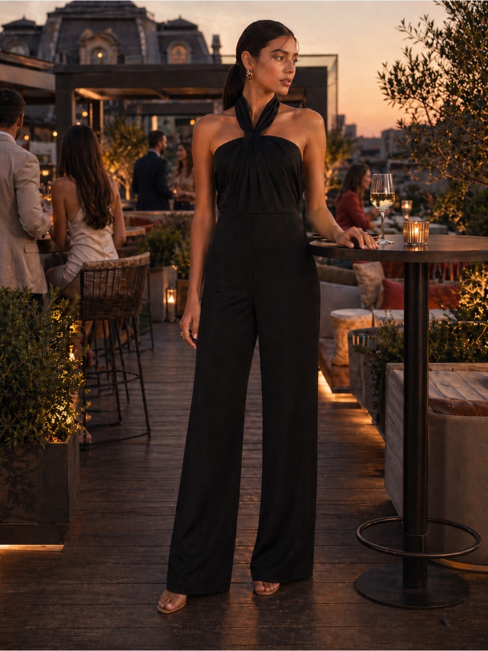 NWT Mango Mony Black Halter Wide Leg Jumpsuit, Size M